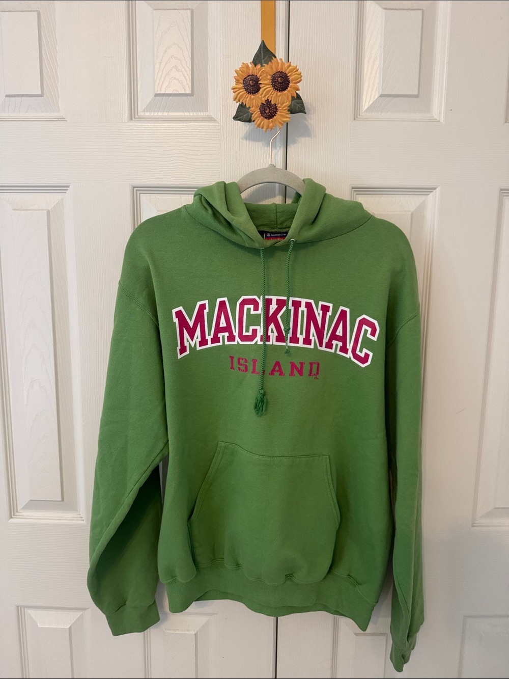 Champion  unisex Green Hoodie with hot pink & White Mackinac Island Lettering